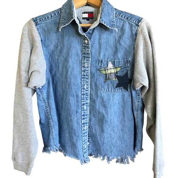 Upcycled Jean Jacket, M: Denim & Flannel Star Patchwork, Waffle Knit Sleeves - Picture 3 of 12